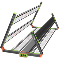 Two black, green, and orange LED grow lights with multiple LEDs.