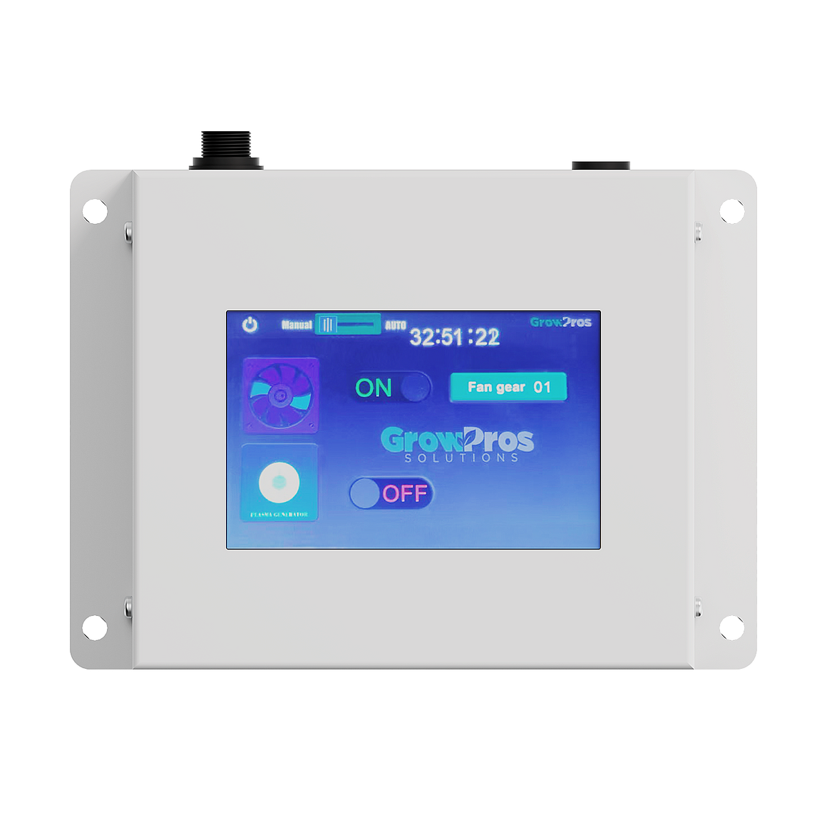 White GrowPros ACS controller with a digital touchscreen displaying fan and plasma generator status.