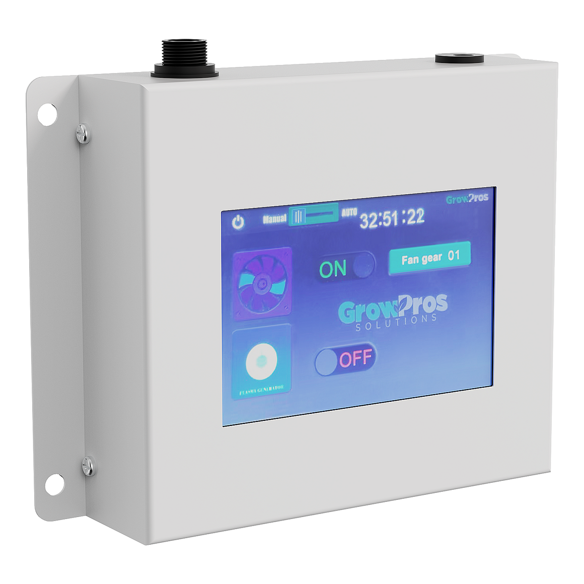 GrowPros ACS Controller with touchscreen display showing fan and plasma generator controls.