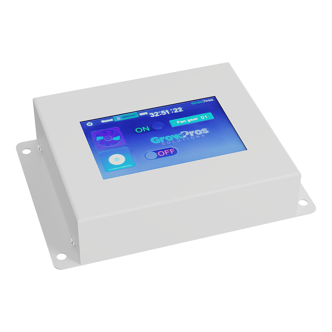 White GrowPros ACS controller with touchscreen displaying fan controls and time.
