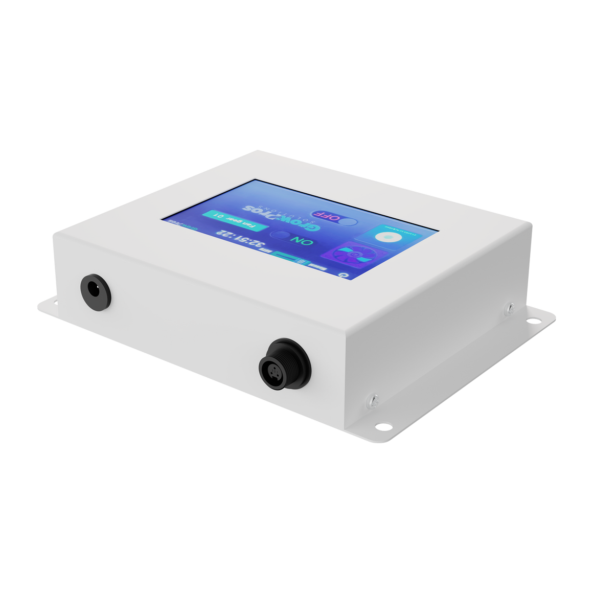 White GrowPros ACS Controller with a touchscreen displaying a fan icon, "ON/OFF" toggle, and time.