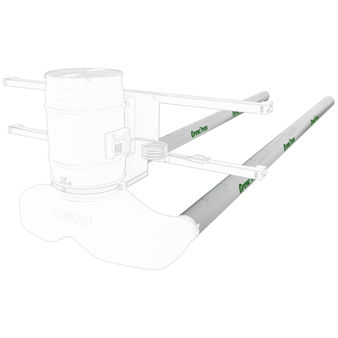 Illustration of GrowPros Air Socks with a ventilation fan and ducting.