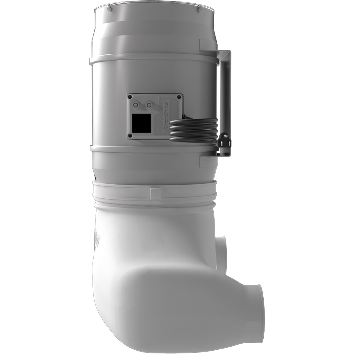 A white ventilation fan with a circular base and a flexible metal pipe attached.