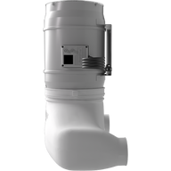 A white ventilation fan with a circular base and a flexible metal pipe attached.
