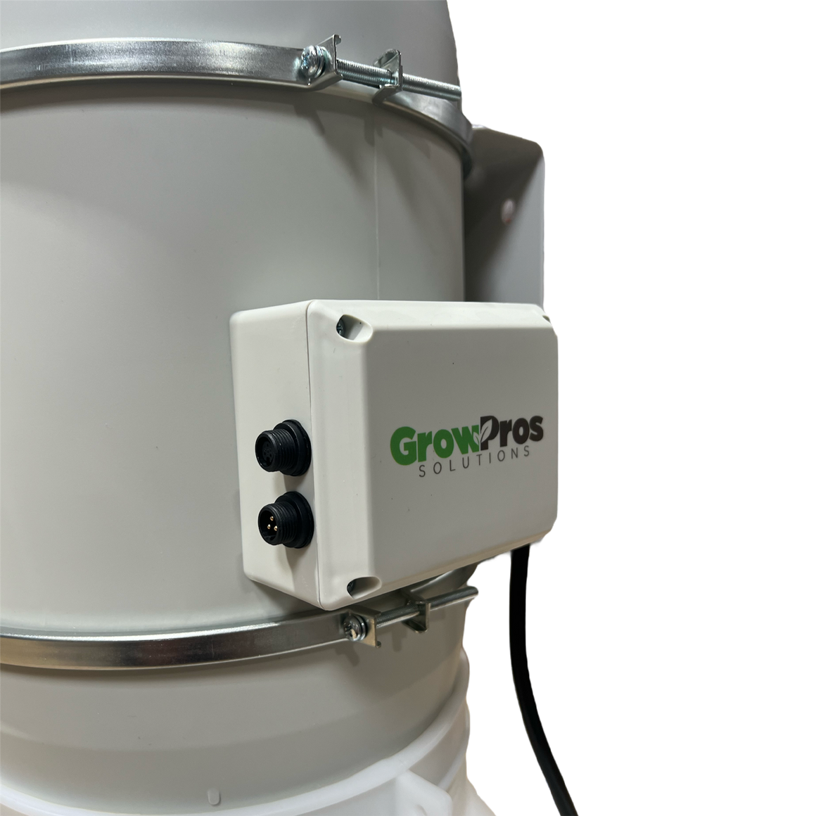 GrowPros Solutions white control box with two black connectors and logo, attached to a white duct.
