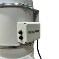 GrowPros Solutions white control box with two black connectors and logo, attached to a white duct.