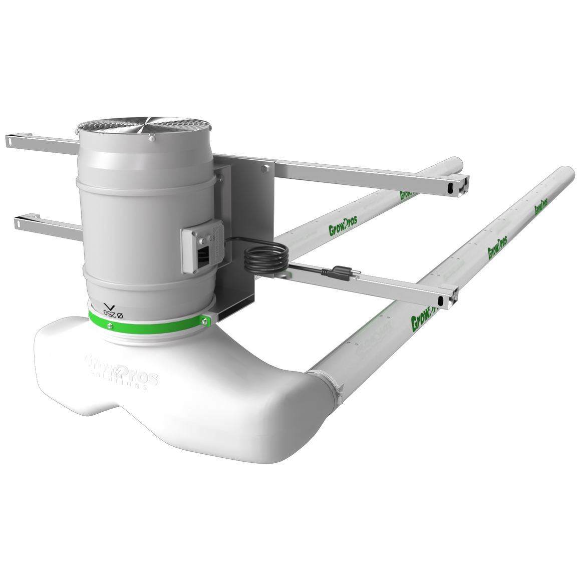 GrowPros Quetzalcoatl air circulation system with grey fan and white ducting.