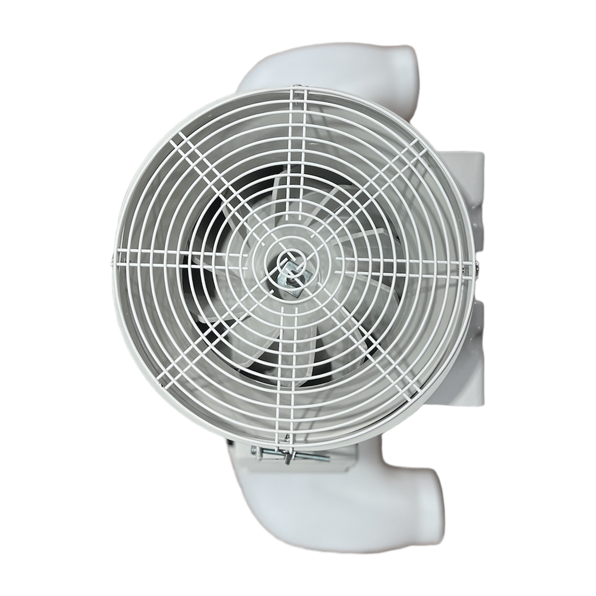 White axial fan with a cage and two hose attachments on a black background.