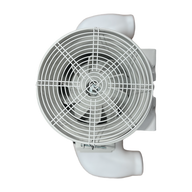 White axial fan with a cage and two hose attachments on a black background.