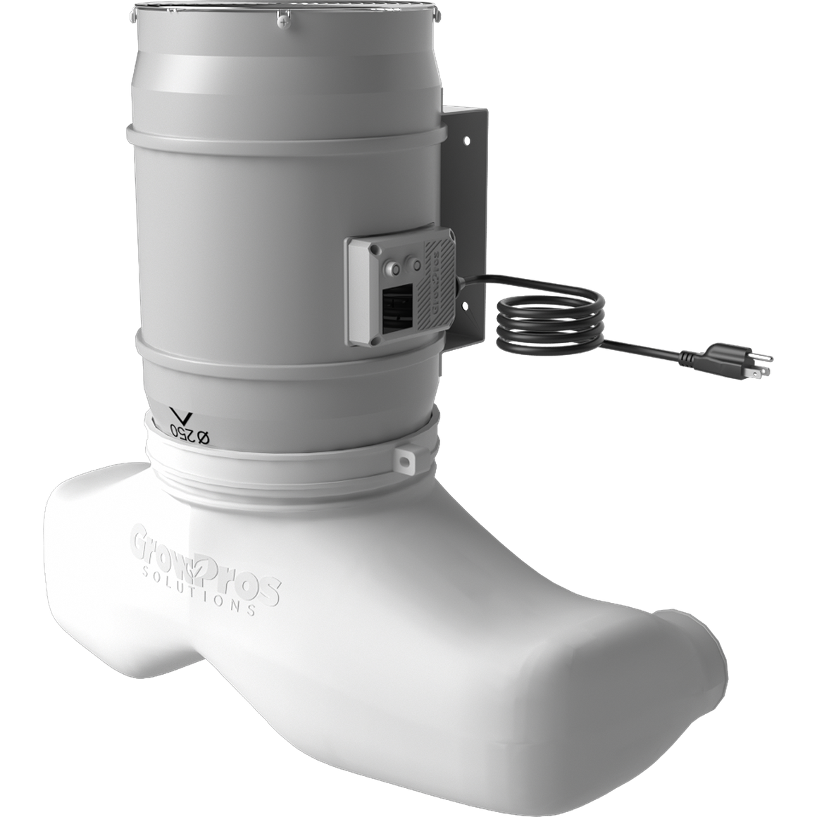 GrowPros Quetzalcoatl air circulator with duct attachment and power cord.