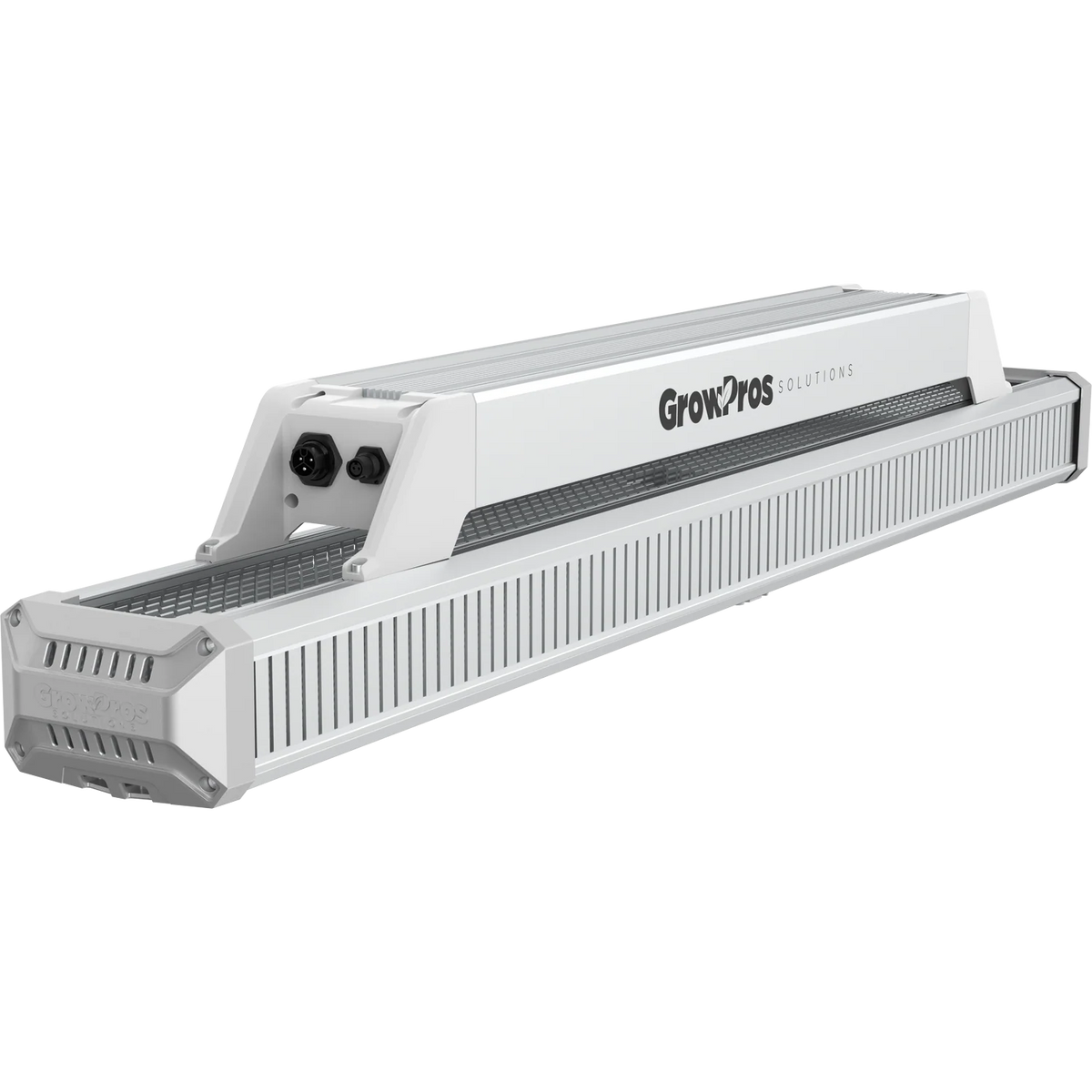 GrowPros Solutions GH1000 LED grow light. White and silver rectangular fixture with ventilation slats and power connectors.