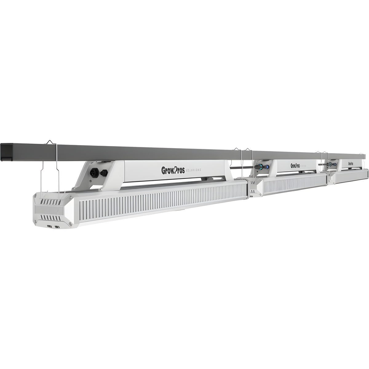 Three linked GrowPros Solutions GH800 IP65 white LED grow lights suspended from a dark bar on a white background.