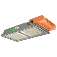 GrowPros Solutions HM960 LED grow light, gray, with orange power supply, cooling fins, and two large yellow LED arrays.