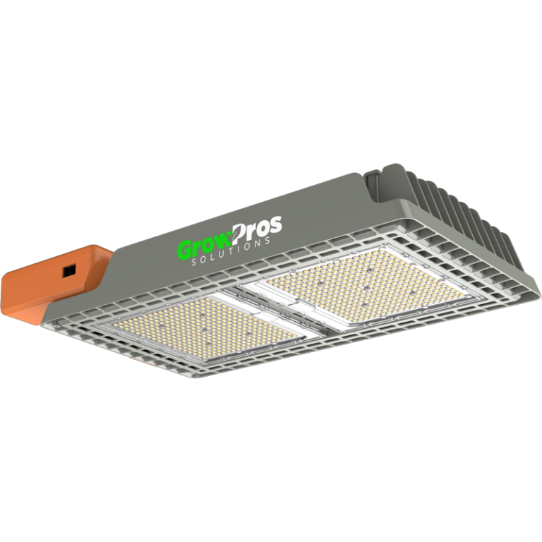 GrowPros SOLUTIONS gray LED grow light with orange mount, featuring two panels of warm white LEDs and heat fins.