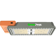 GrowPros Solutions HM960 LED grow light, grey body with orange attachment, showing dual bright LED panels.