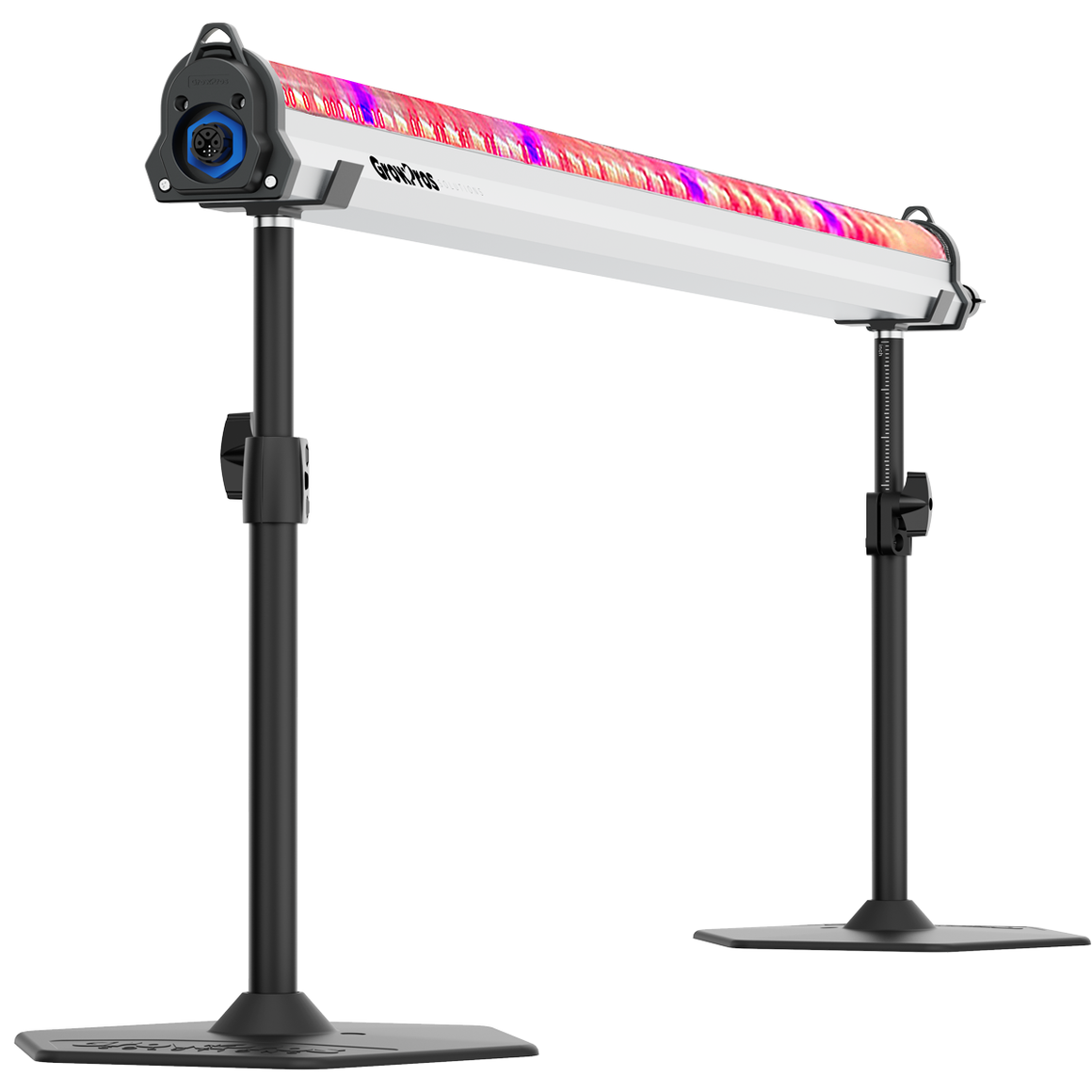 GrowPros Solutions white under canopy LED grow light with pink/purple light spectrum on two adjustable black stands.
