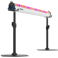 GrowPros Solutions white under canopy LED grow light with pink/purple light spectrum on two adjustable black stands.