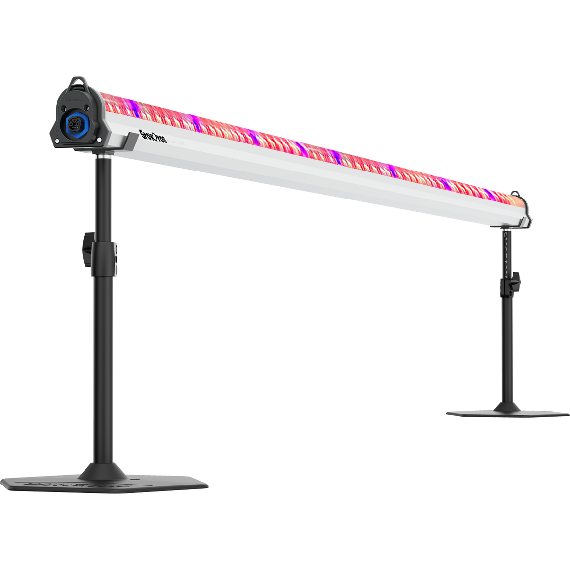 GrowPros Solutions 8ft Under Canopy LED Light Model 2 with pink/purple LEDs, blue connector, on black stands.
