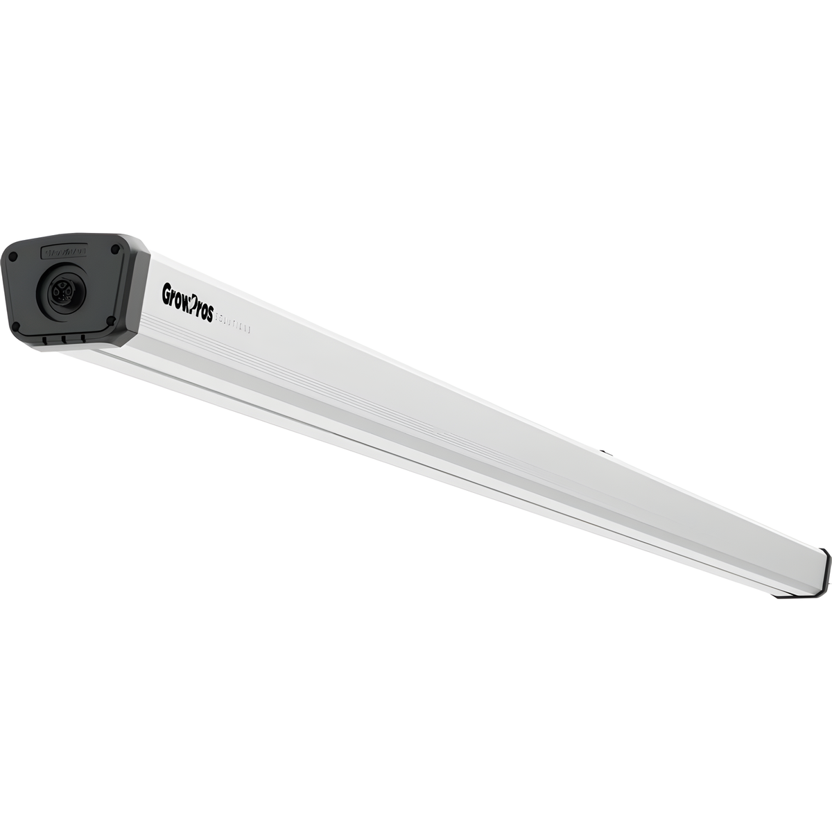 Side view of white GrowPros Solutions Viper under canopy LED light, with black end caps and a connector.