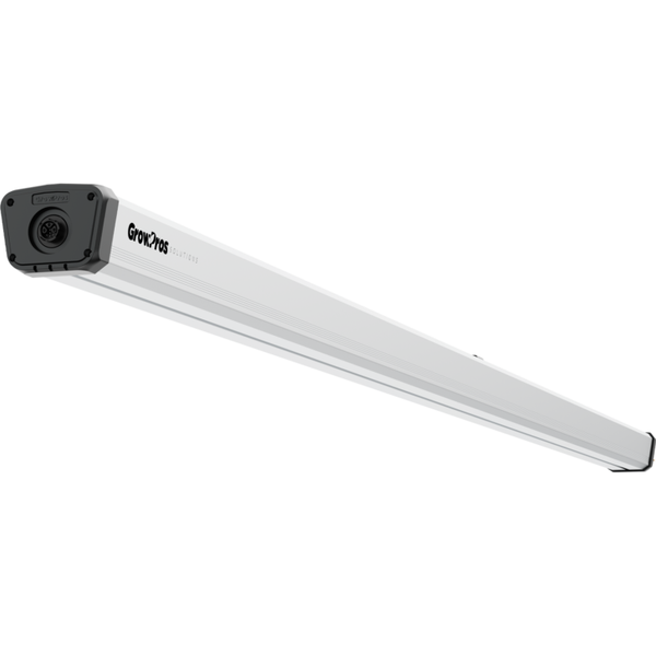 Side view of white GrowPros Solutions Viper under canopy LED light, with black end caps and a connector.