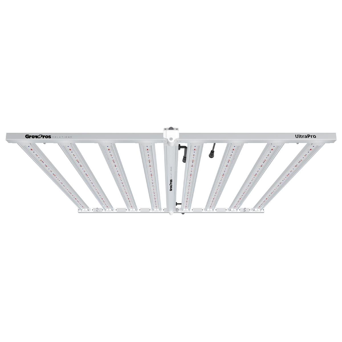 GrowPros UltraPro LED grow light with multiple light bars and "GrowPros Solutions" branding.