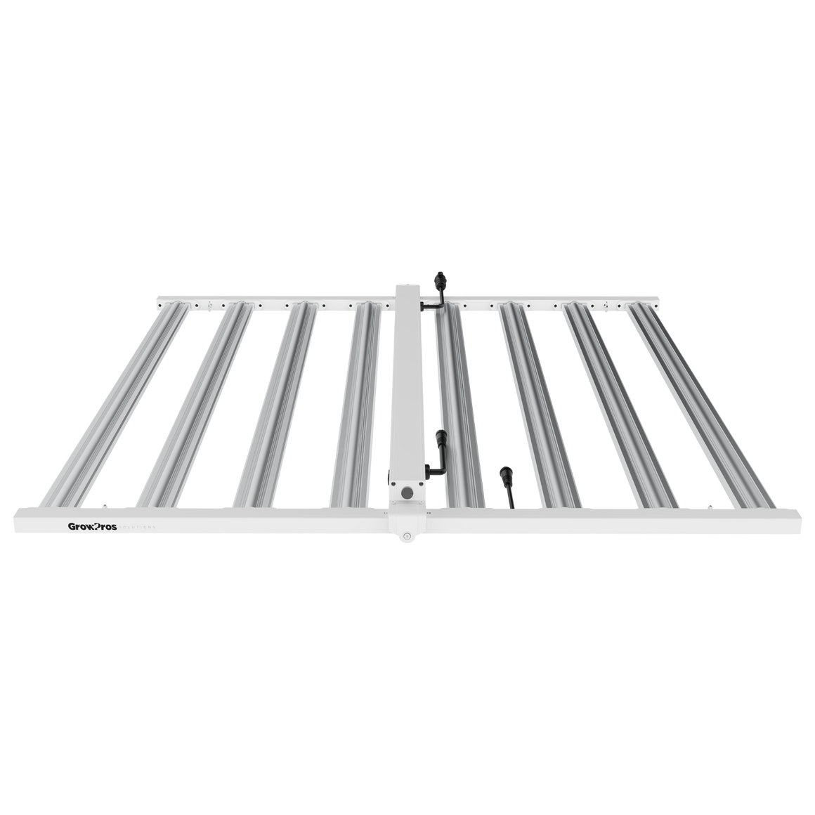 GrowPros Ultra Pro LED grow light with multiple white bars and black connectors on a black background.