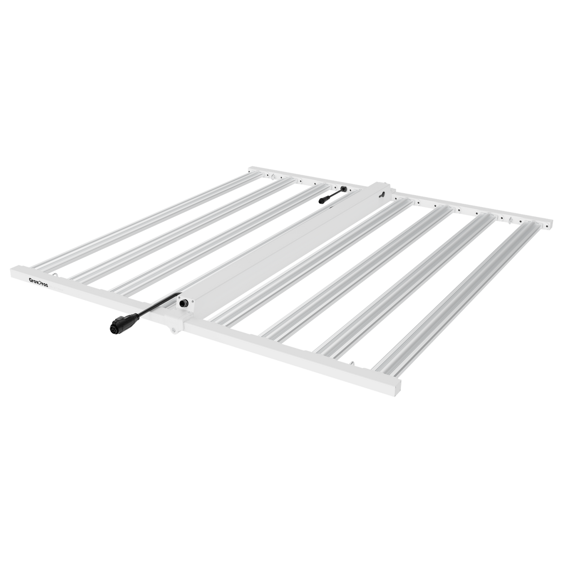 GrowPros Ultra Pro LED grow light bar with white frame, black connector, and "GrowPros" logo.