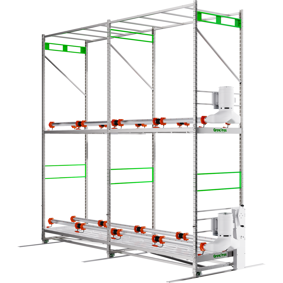 A multi-tiered grow rack with under-canopy lights and fans for indoor cultivation.