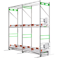 A multi-tiered grow rack with under-canopy lights and fans for indoor cultivation.