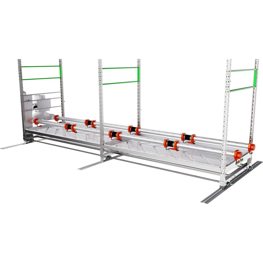 A long, multi-tiered grow rack with orange lights and green accents, designed for under-canopy lighting.