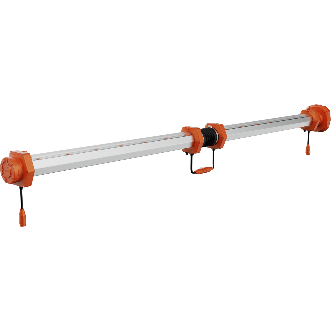 4ft Under Canopy Light Bar for horticulture. Orange end caps, silver housing, black cables.