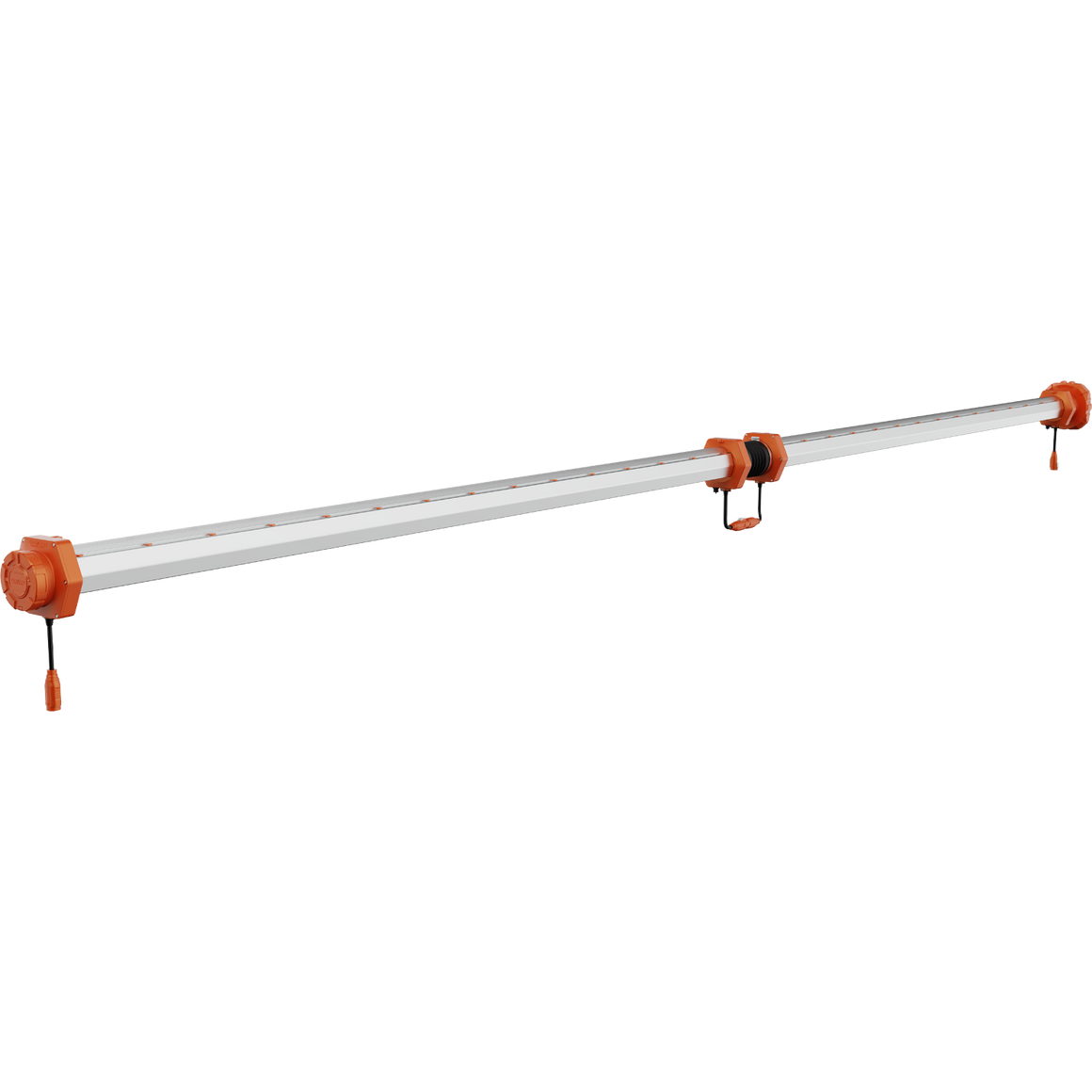 8ft Under Canopy LED Grow Light bar with orange end caps and cords, on black background.