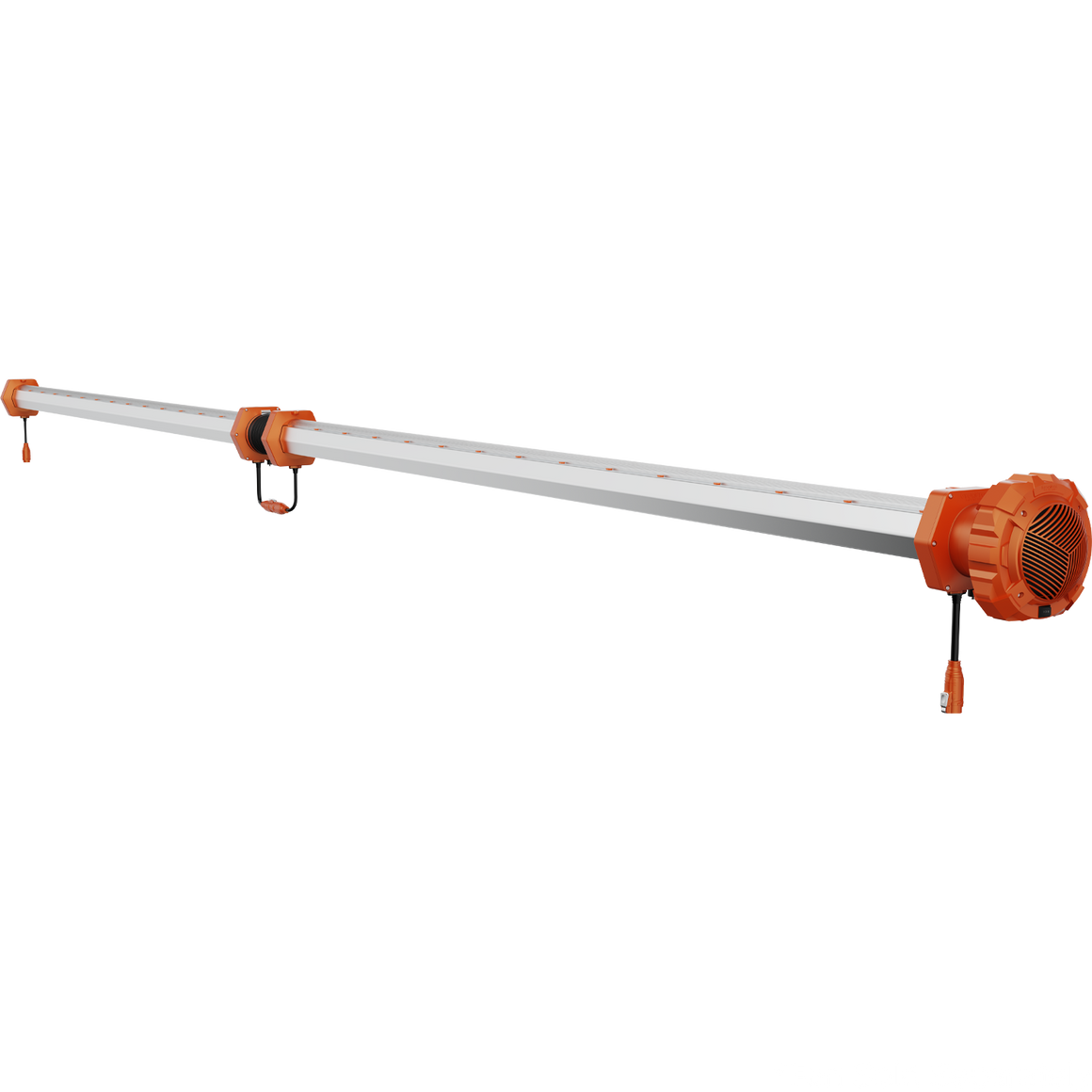 8ft orange & silver LED grow light, suspended by clips, with fan attachment.