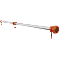 8ft orange & silver LED grow light, suspended by clips, with fan attachment.