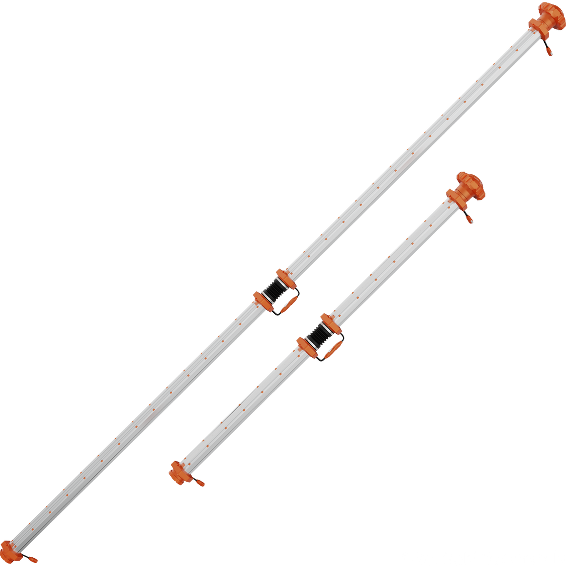 Two adjustable, silver under-canopy grow light poles with orange fittings and buckles, angled on a black background.