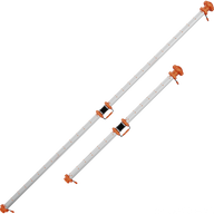 Two adjustable, silver under-canopy grow light poles with orange fittings and buckles, angled on a black background.