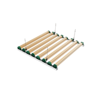 **Alt text:** Adjustable under-canopy LED light fixture with wooden slats and green mounting brackets.