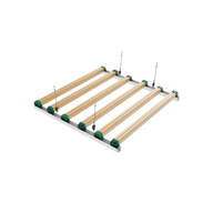 Wooden slats with green clips and metal hangers, part of a hydroponic grow light system.