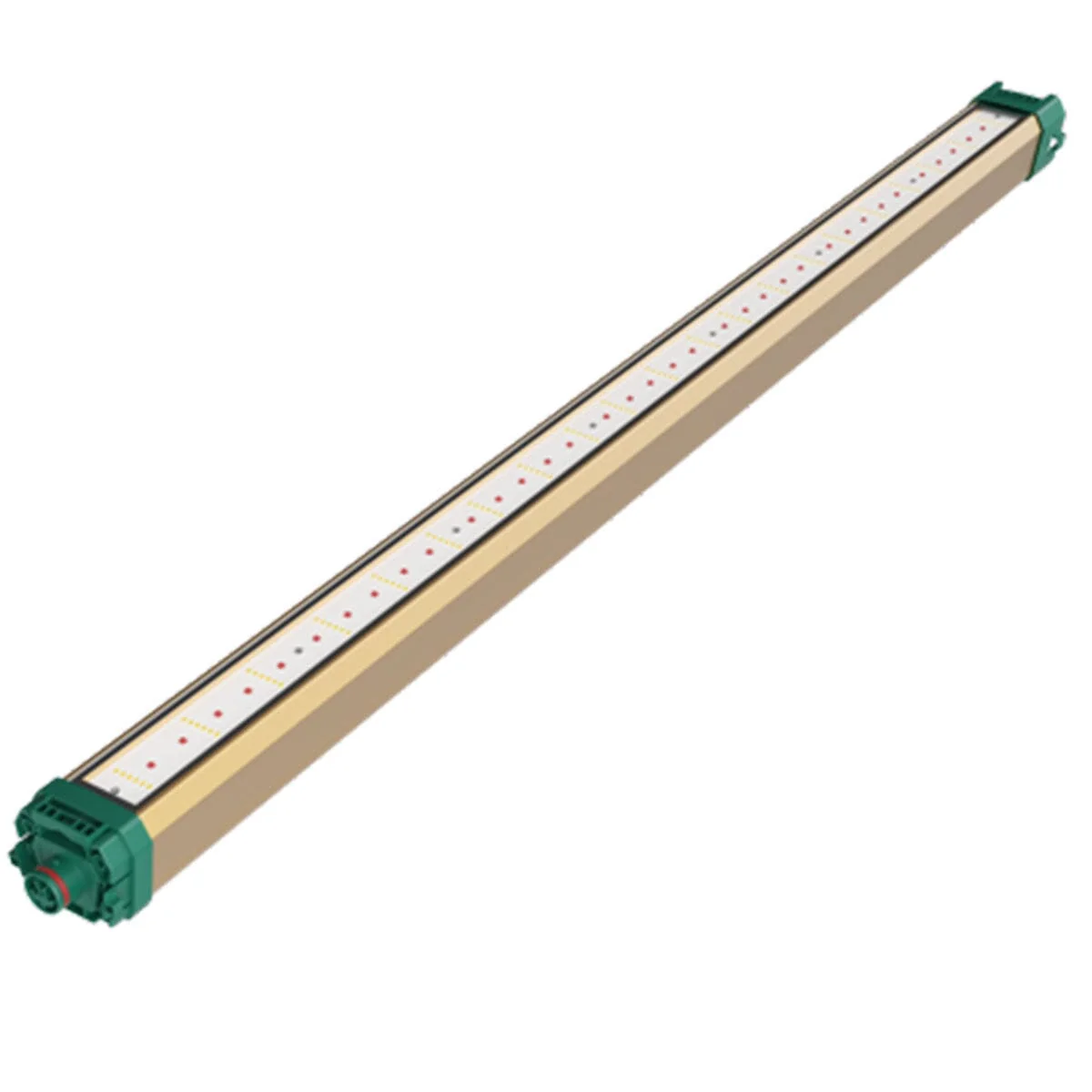 Growers Choice AG140 UnderCanopy LED light with green end caps and visible red diodes.