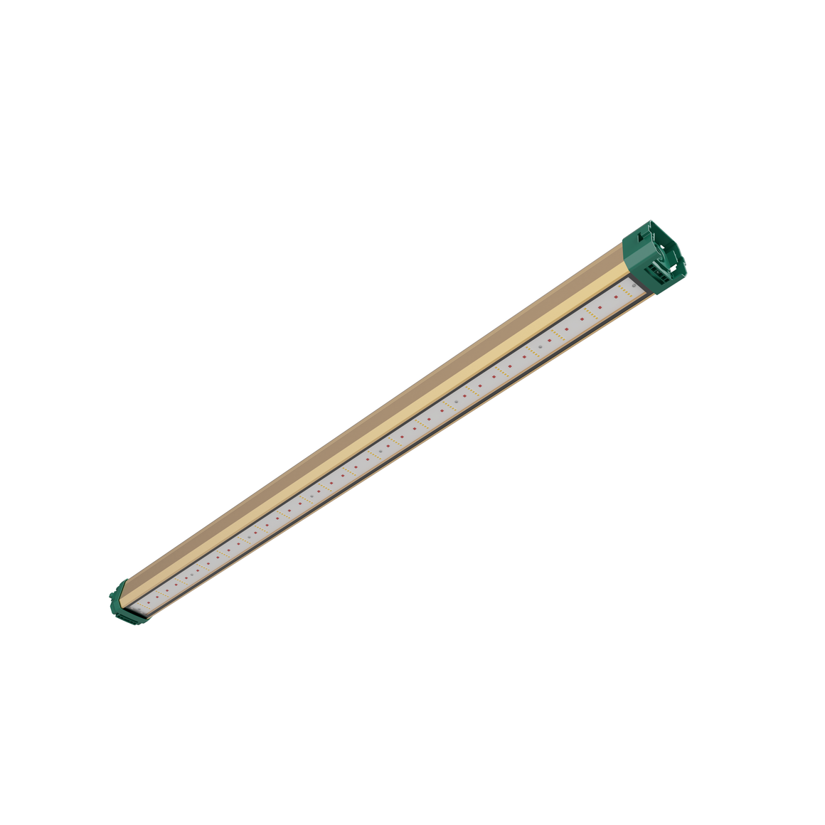 A gold LED grow light with green end caps and red and yellow diodes, shown at an angle on a light gray background.