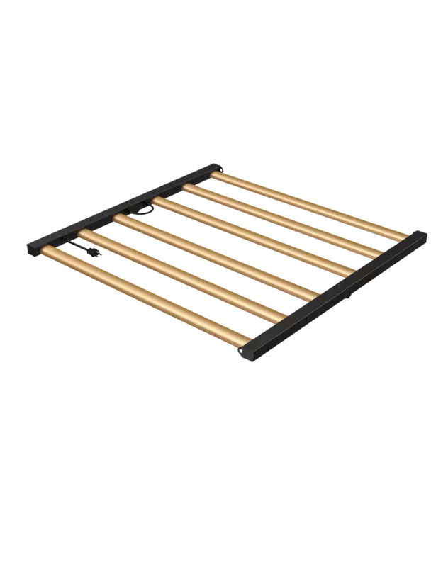 Growers Choice ROI-F720 LED grow light, a rectangular fixture with black frame and multiple golden bars, ideal for horticulture.