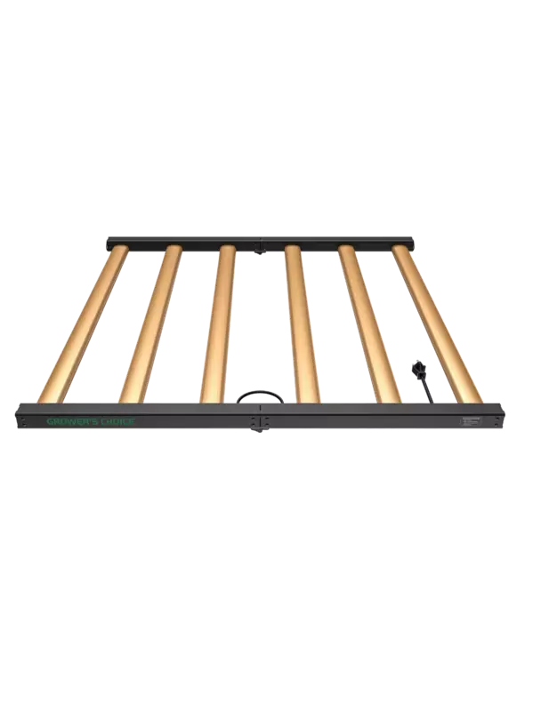 Growers Choice ROI-F720 LED grow light with gold bars and black frame on a white background.