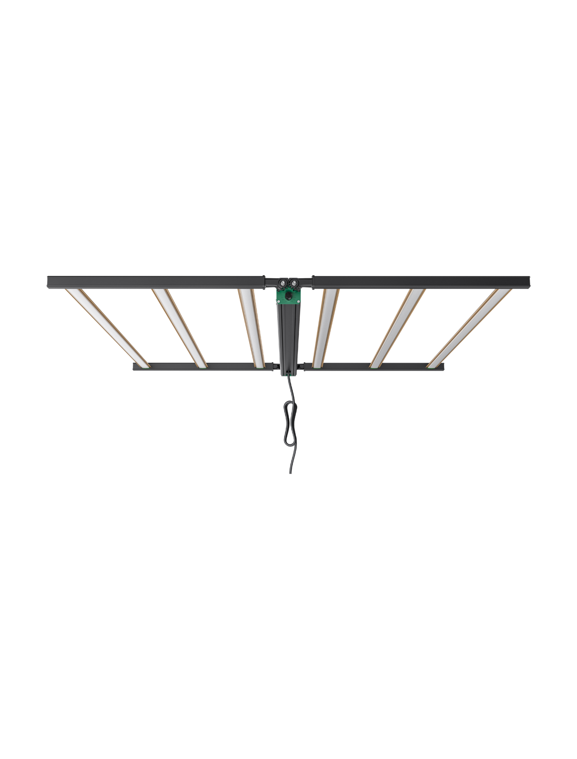 An overhead view of a black rectangular LED grow light with white light bars.
