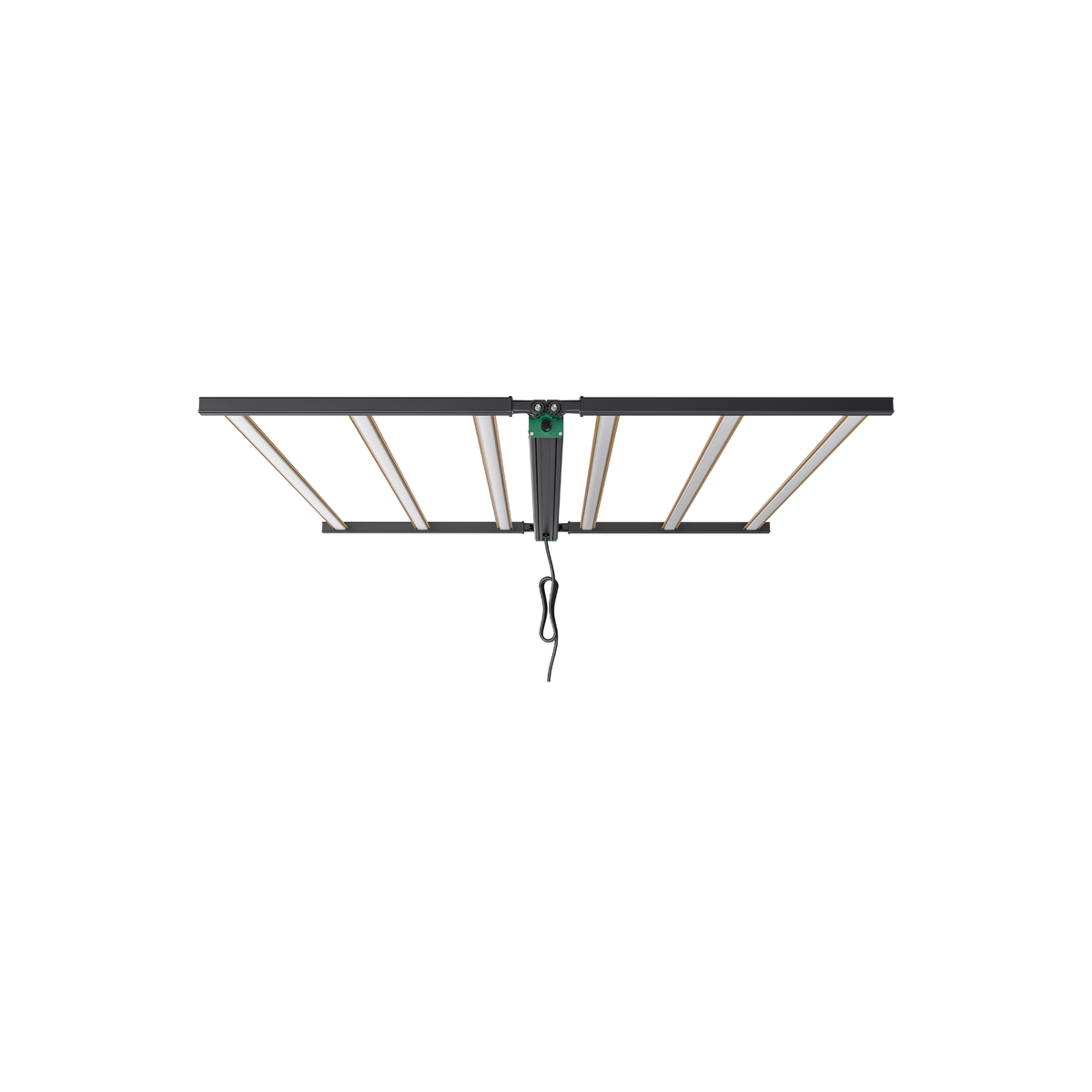 An overhead view of a black rectangular LED grow light with white light bars.