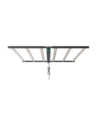 An overhead view of a black rectangular LED grow light with white light bars.