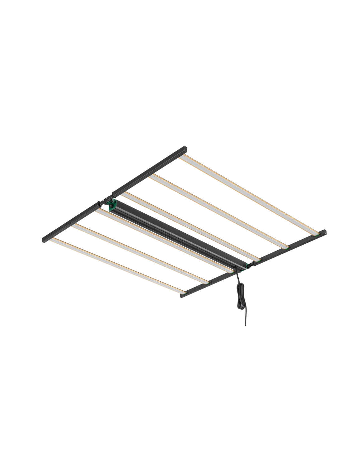 LED grow light with rectangular frame, multiple light bars, and power cord, isolated on black background.