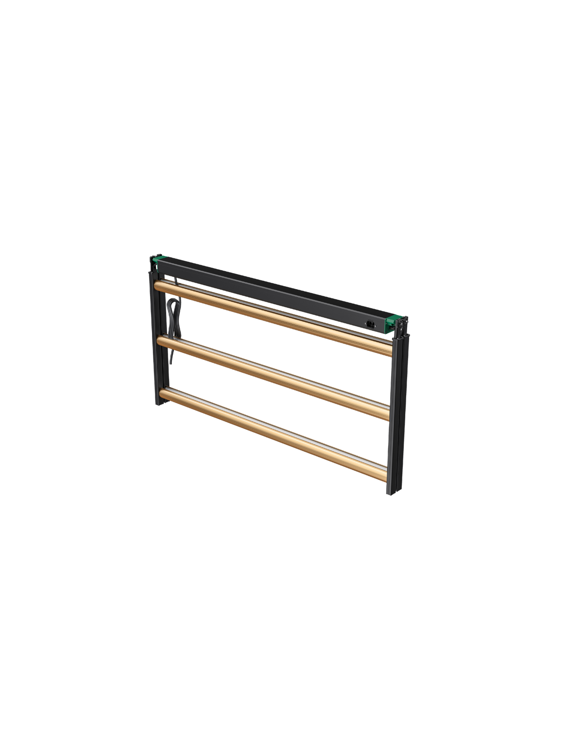 Black LED grow light with three horizontal gold bars, suspended by black frame and wires.
