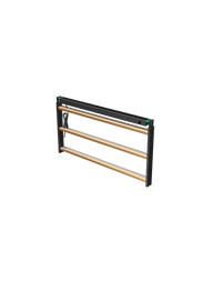 Black LED grow light with three horizontal gold bars, suspended by black frame and wires.