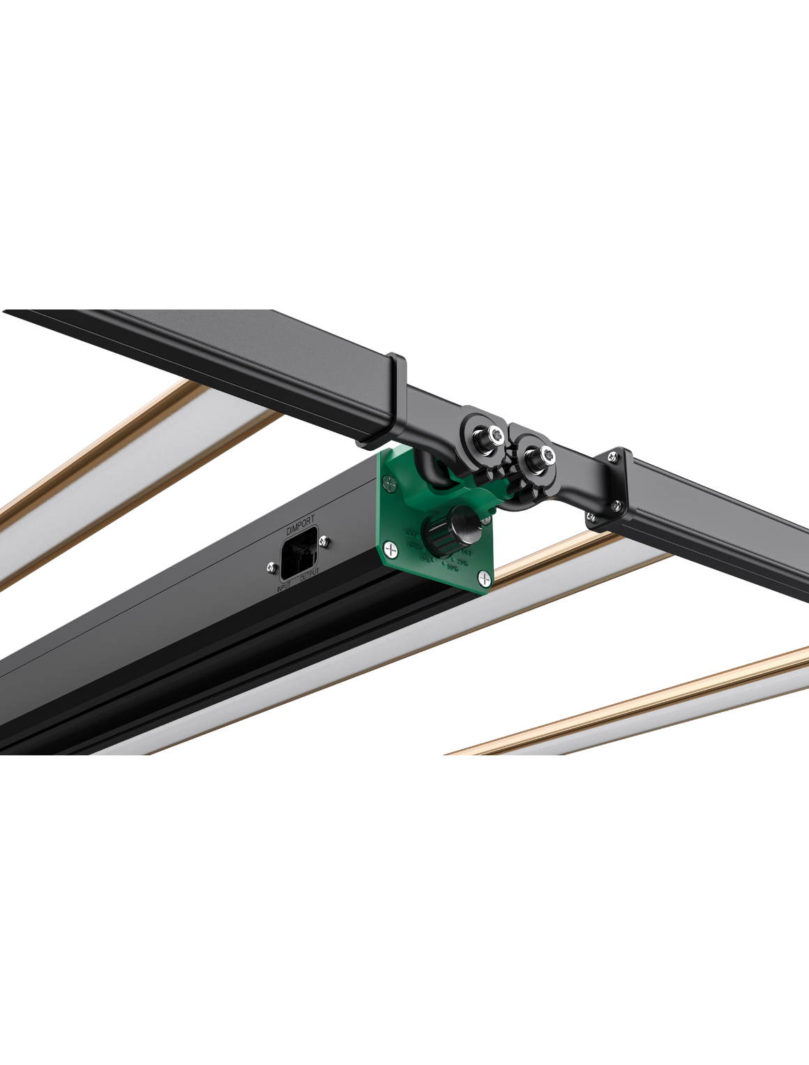 LED grow light with adjustable dimmer dial showing settings 25%, 50%, 75%, and 100%.