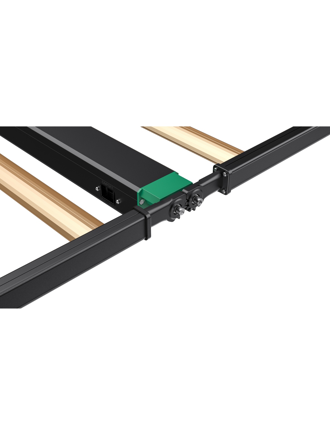 Close-up of a Growers Choice ROI-FV LED grow light with black housing and wooden slats.